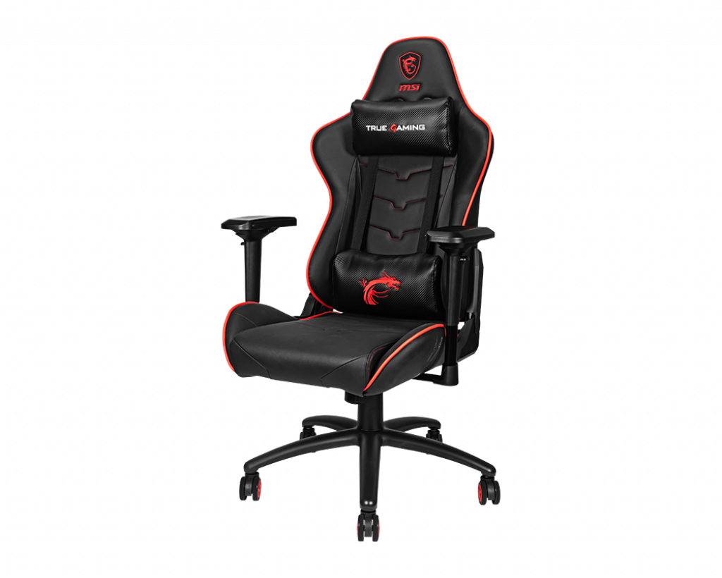 Sedia gaming MSI MAG CH120X ecopelle, cuscino cervicale e lombare, completamente regolabile, base in metallo, nera con finiture rosse