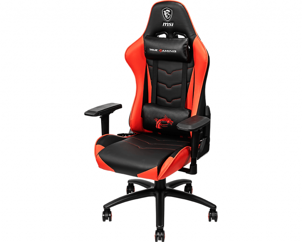 Sedia gaming MSI MAG CH120 ecopelle, cuscino cervicale e lombare, completamente regolabile, base in metallo, nero / rosso